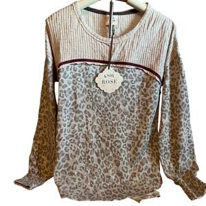 Knox Rose Women's Gray Leopard Long Sleeve French Terry Top - Size Small - NWT